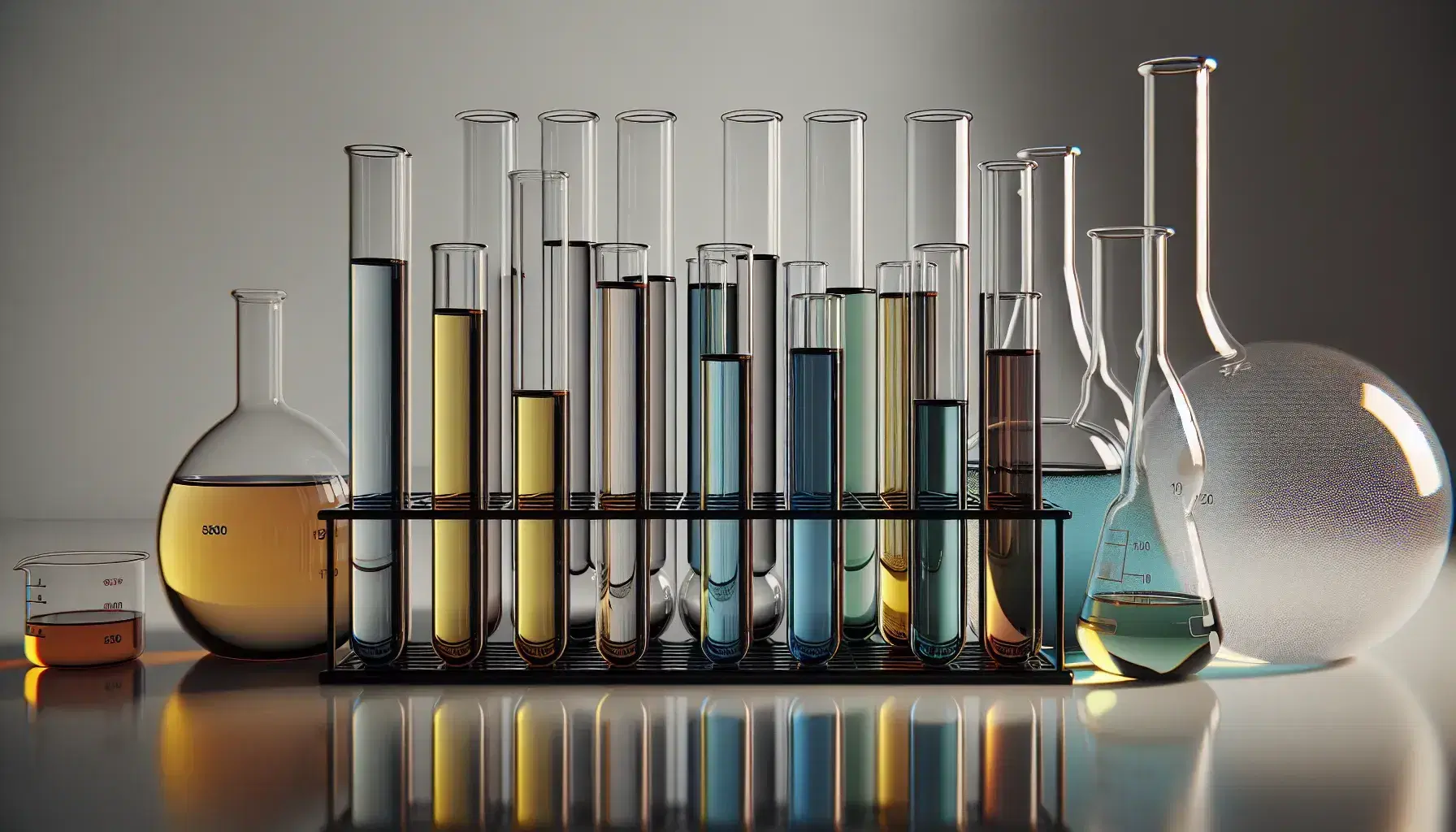 Conjunto de tubos de ensayo con líquidos coloridos en gradilla, flanqueados por matraz Erlenmeyer y vaso de precipitados en laboratorio.