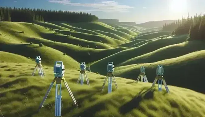 White survey tripods with GPS receivers arranged in a grid on a green hill, blue sky with thin clouds, no human presence.