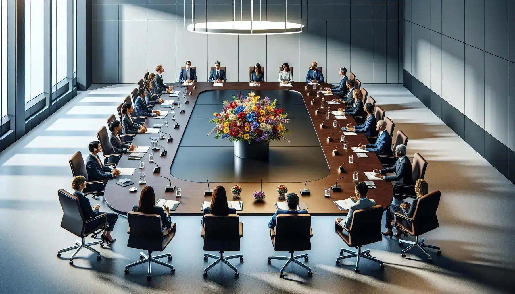 Grupo diverso de profesionales en reunión alrededor de una mesa de conferencia ovalada con sillas ergonómicas azules y arreglo floral central.
