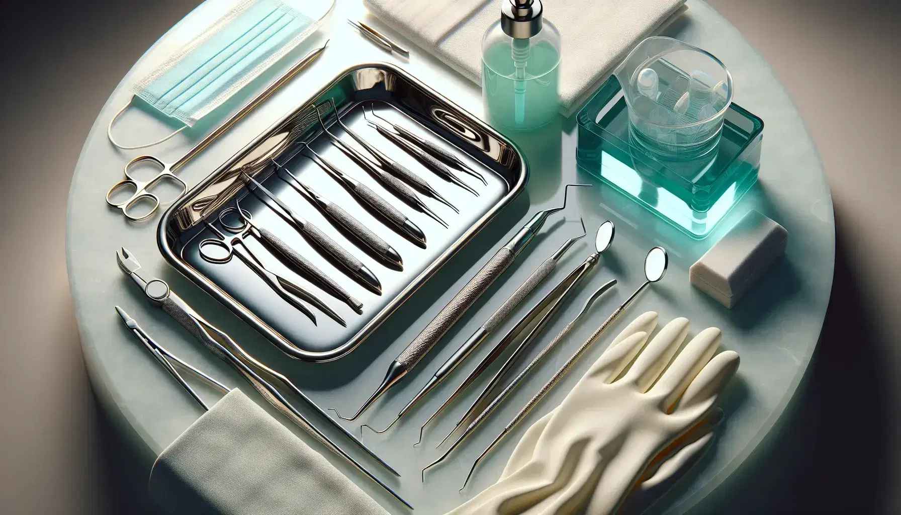 Bandeja de acero inoxidable con instrumentos dentales esterilizados, guantes de látex y mascarilla quirúrgica sobre superficie lisa, preparación para procedimientos de asepsia dental.