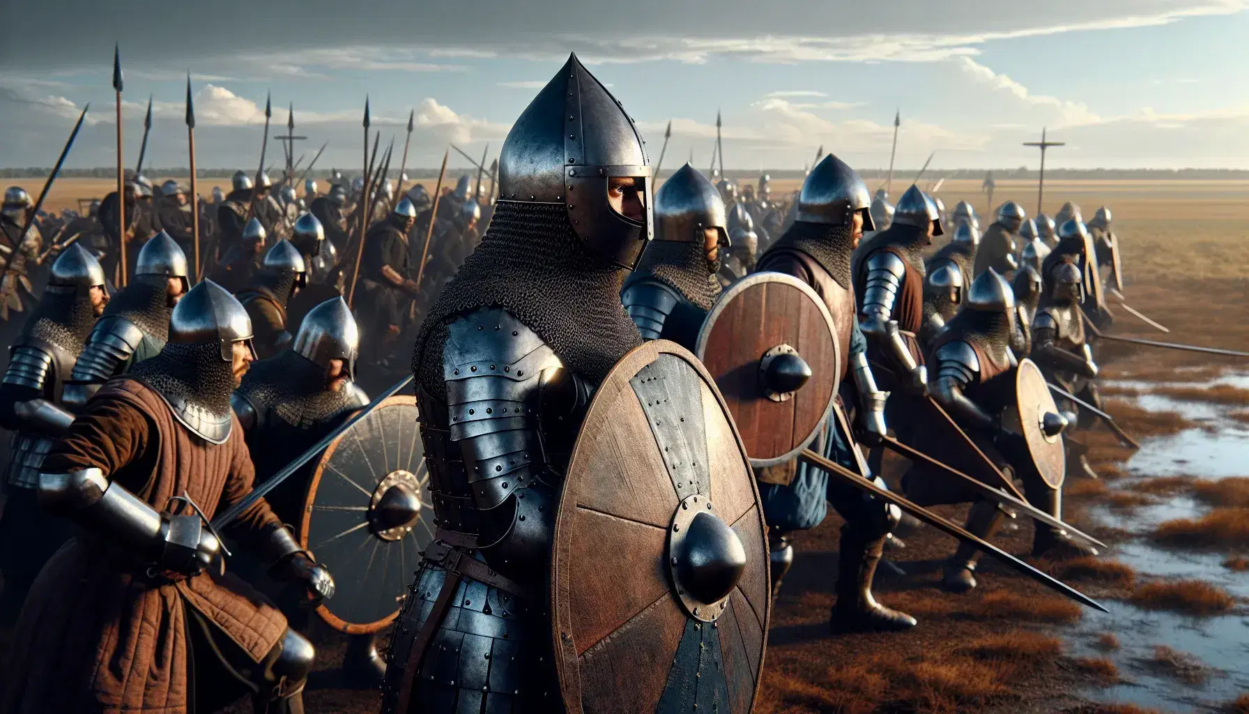 Escena de batalla medieval con soldados en armaduras metálicas y cascos, empuñando espadas y escudos, bajo un cielo azul claro, junto a una pieza de artillería antigua.