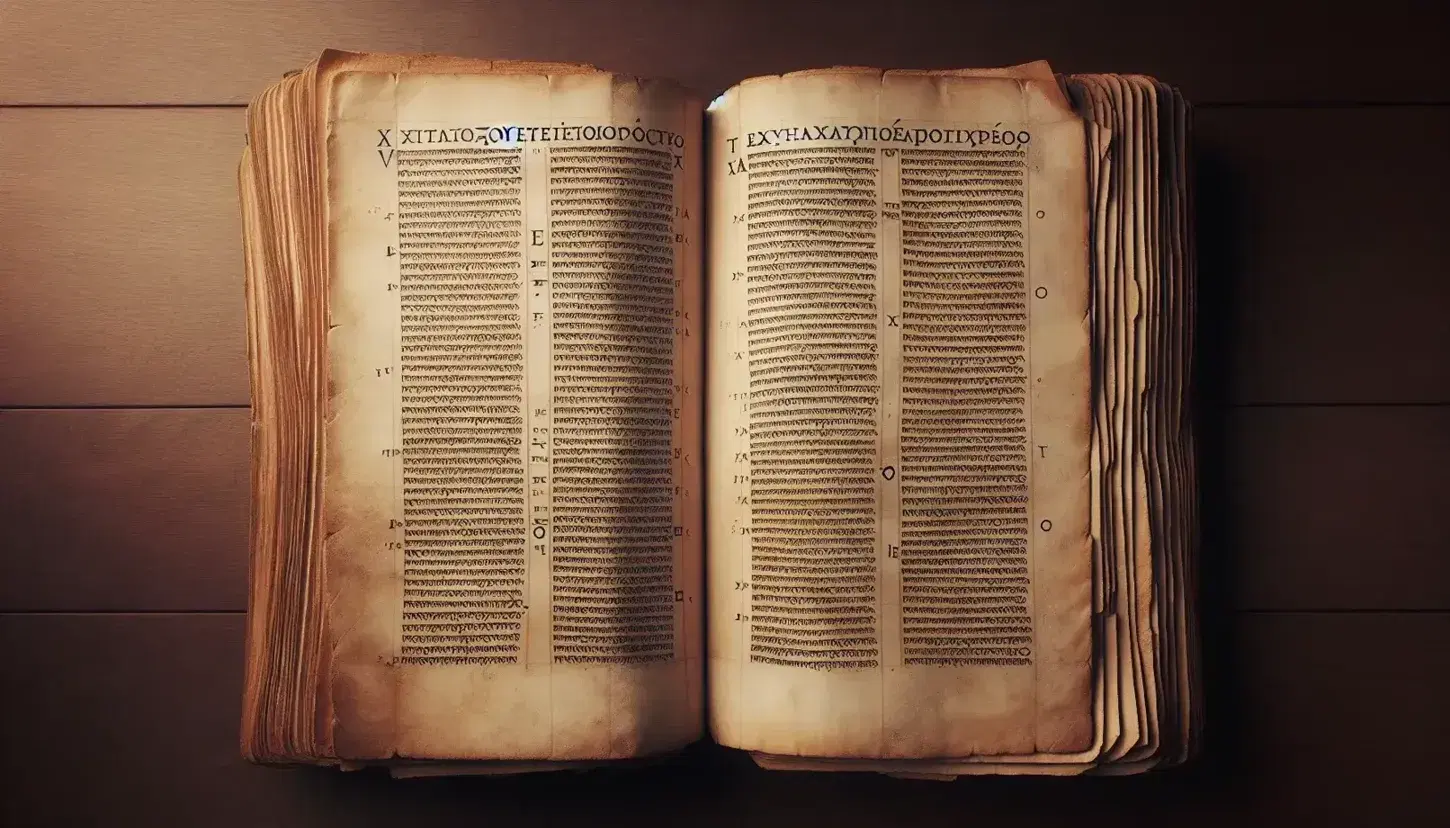 Manoscritto antico aperto con testo in greco antico su pagine avorio e bordi ondulati, posato su superficie in legno scuro.