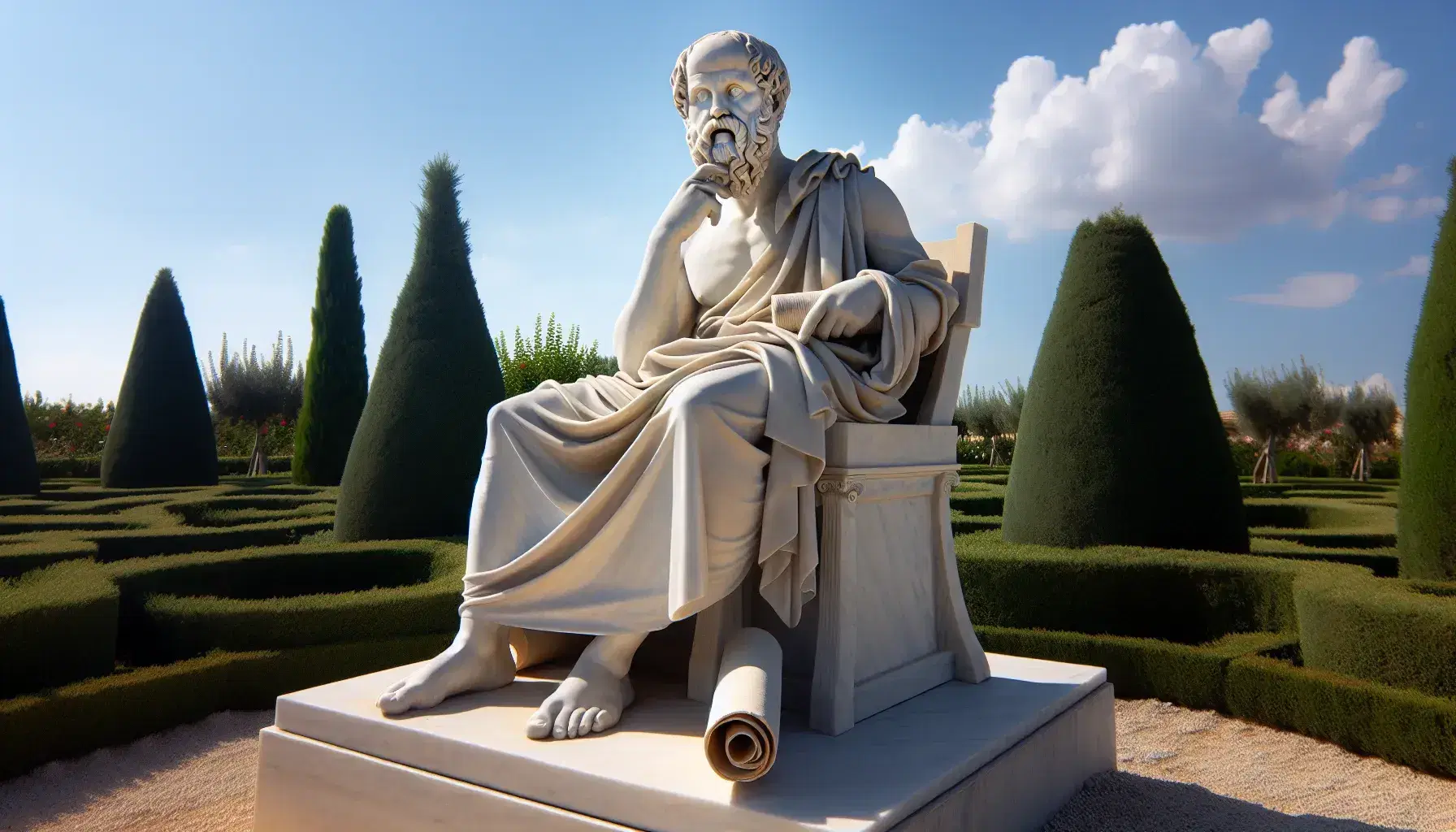 Escultura de mármol blanco de filósofo antiguo pensativo sentado con mano en el mentón y papiro en regazo, en jardín al aire libre bajo cielo azul.