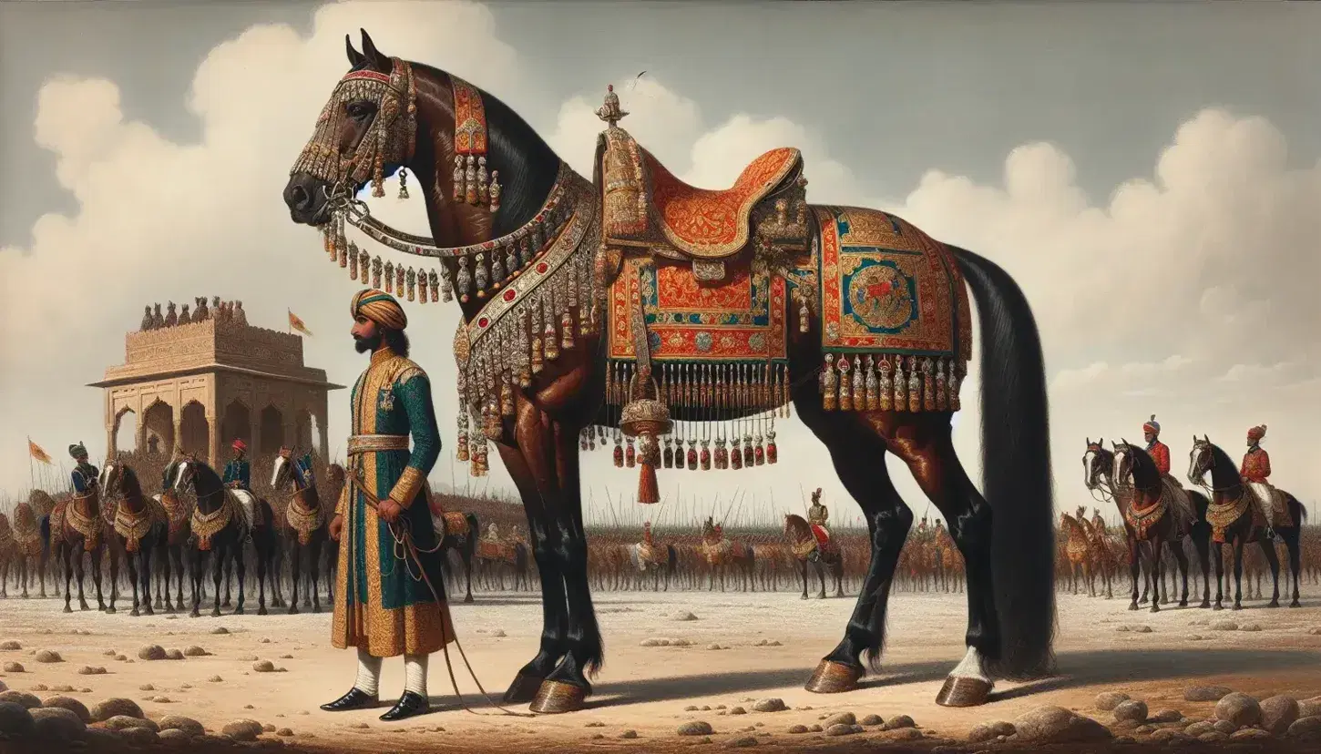 Majestic bay horse in profile with Mughal-era red and gold saddlecloth and intricate headstall, held by a figure in traditional turquoise attire.