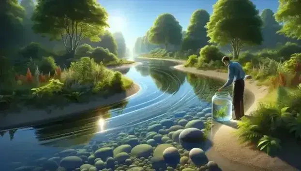 Paisaje natural con río serpenteante, vegetación frondosa y persona analizando agua en frasco transparente bajo un cielo azul con nubes dispersas.