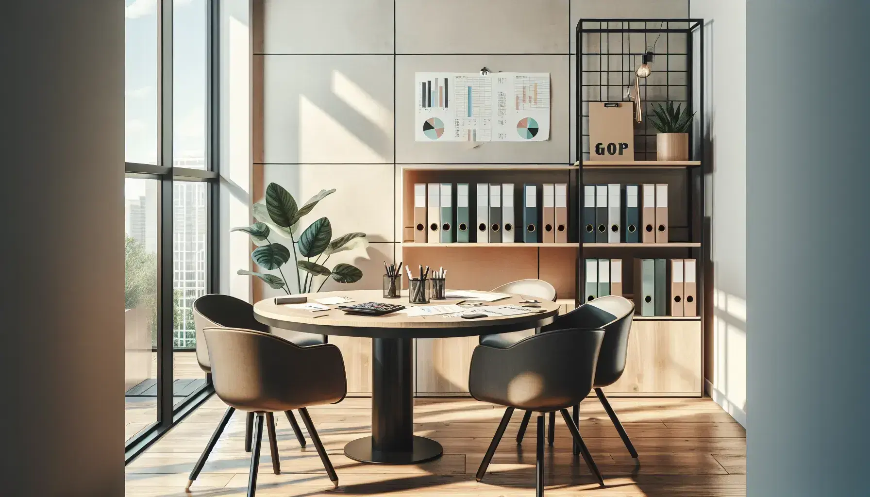 Oficina moderna y luminosa con mesa redonda de madera, sillas ergonómicas negras, calculadora y gráficos impresos, pizarra blanca y estantería con carpetas de colores.