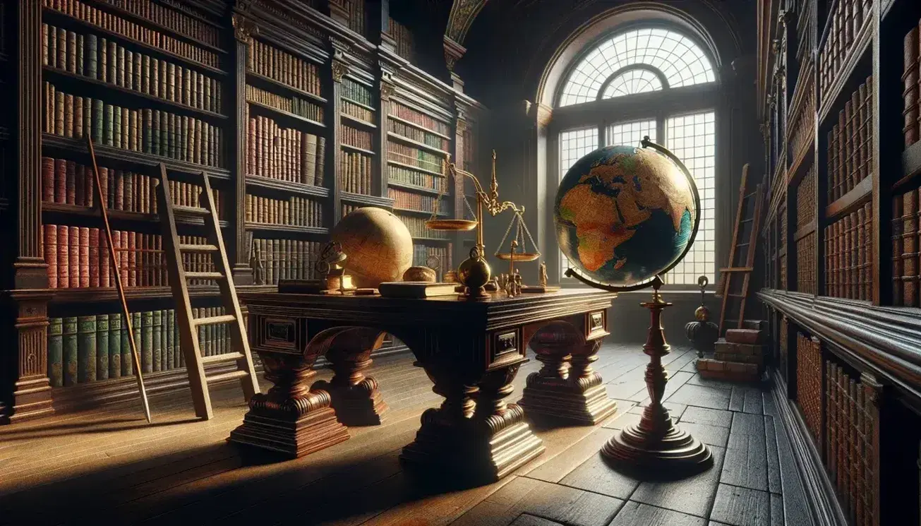 Biblioteca antica con scrivania in legno, globo terrestre, bilancia in ottone, librerie piene di volumi rilegati e finestra arcuata.