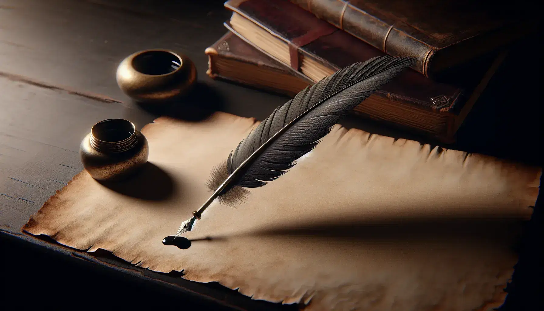 Quill pen on aged parchment with ink residue on nib, beside brass inkwell, on a dark wood desk with blurred antique books in background.