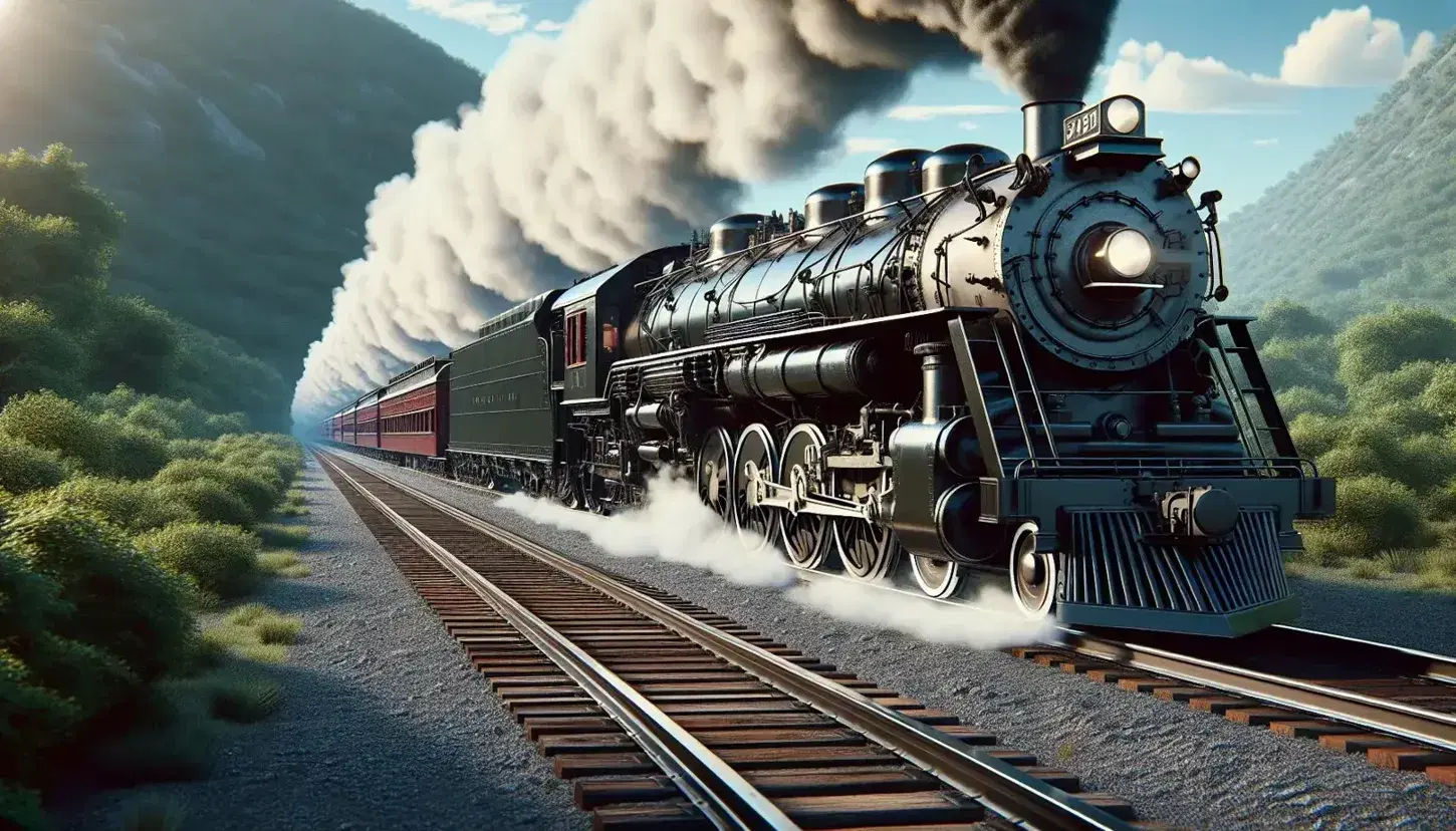 Vintage steam locomotive with maroon passenger cars on tracks amidst green hills under a clear blue sky, steam billowing from the smokestack.