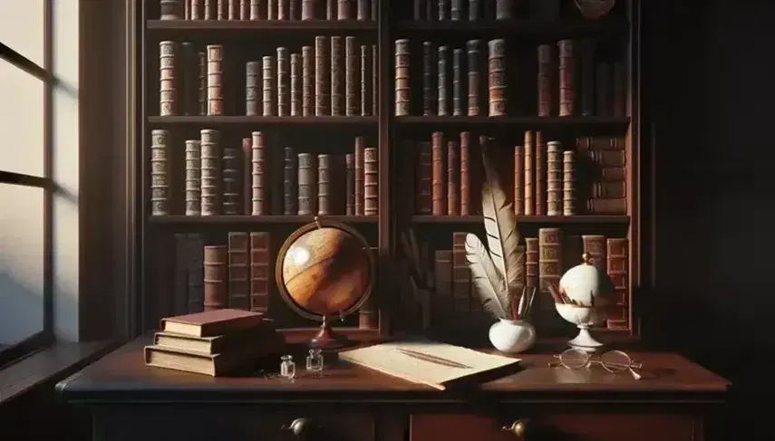 Estantería de madera oscura con libros variados, globo antiguo y tintero con pluma, junto a mesa con papel y gafas redondas bajo luz cálida.