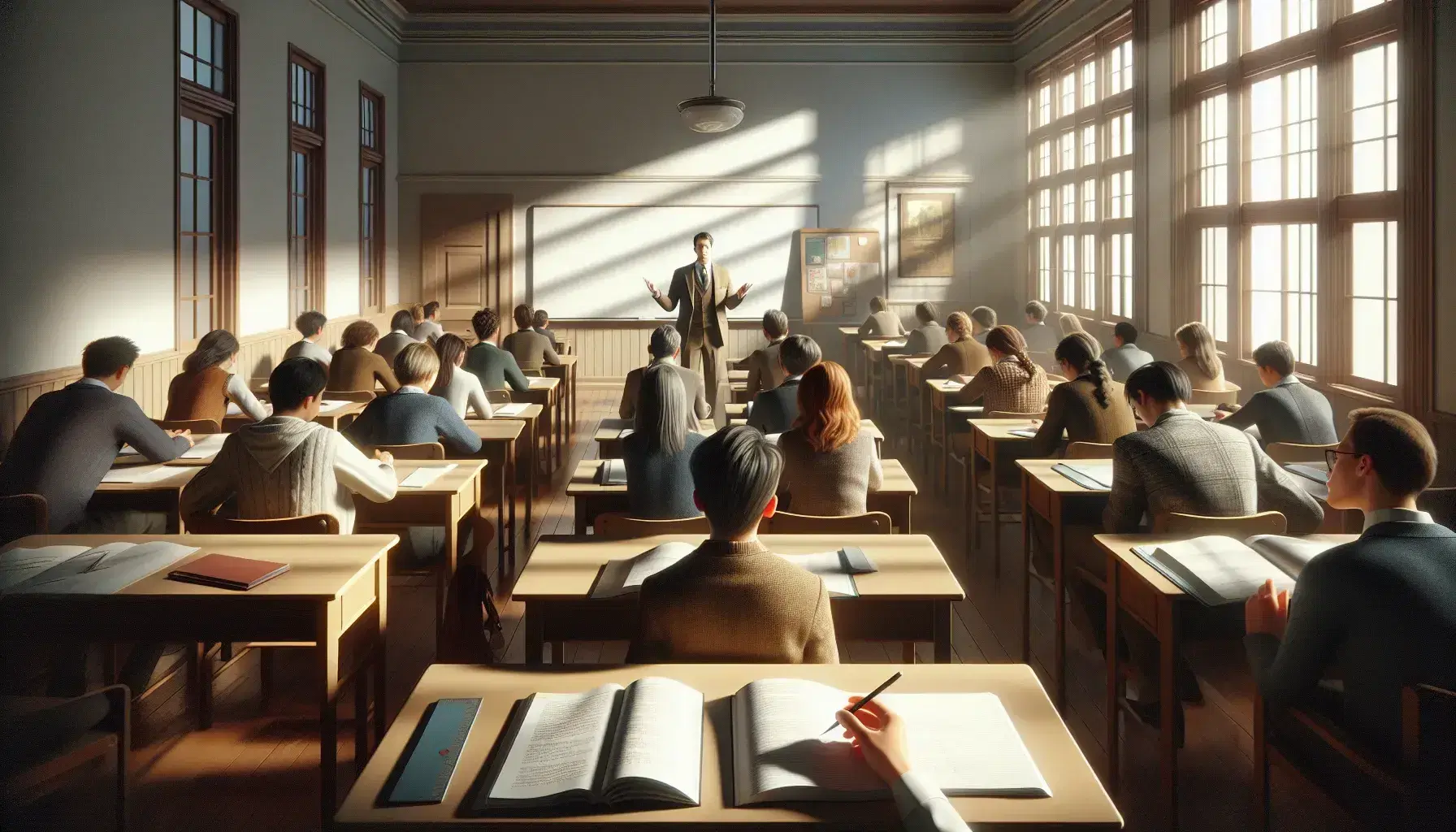 Diverse students focus on notebooks in a sunlit classroom while an animated teacher gestures near a clean whiteboard, highlighting the learning interaction.