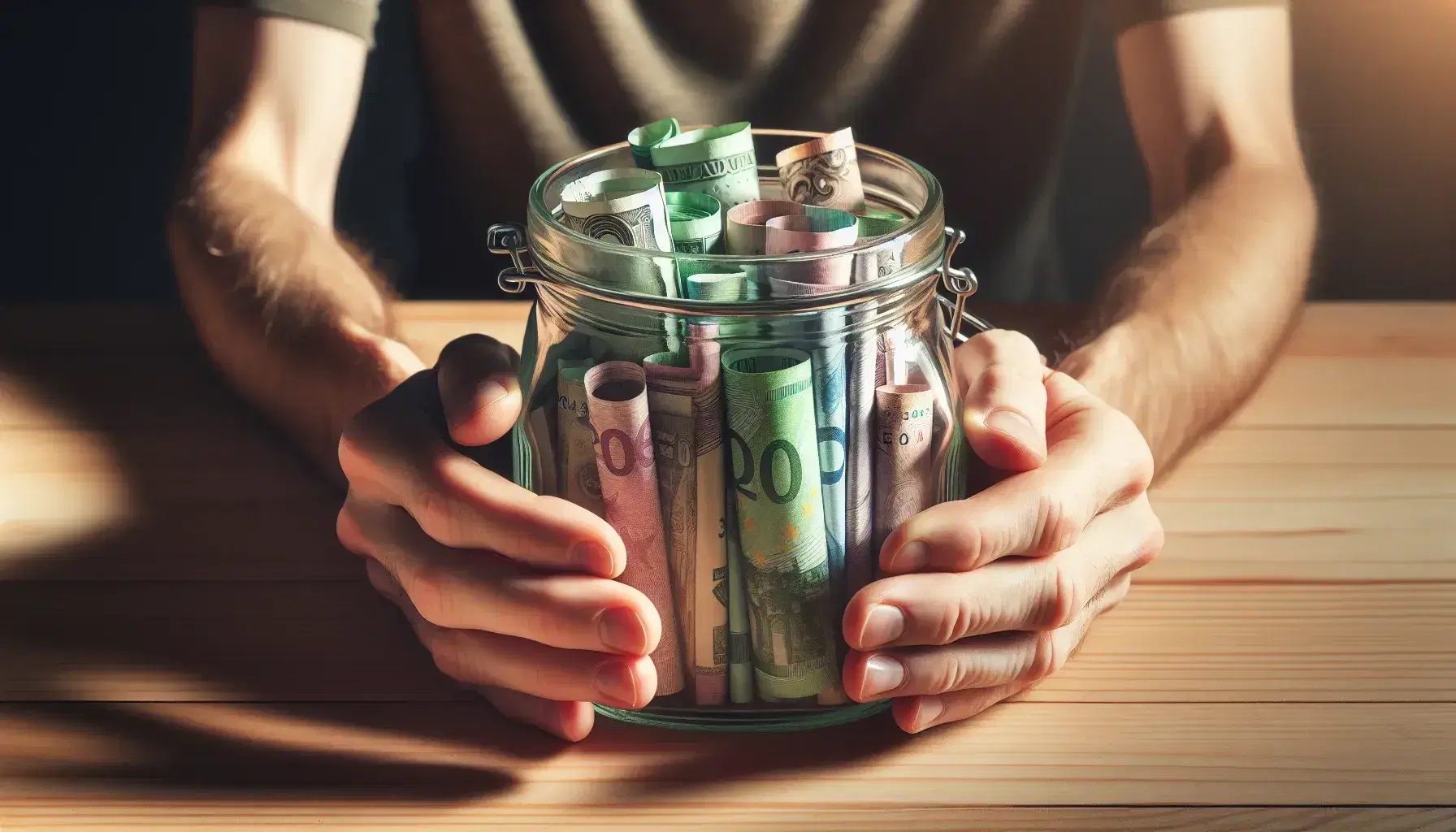Hands holding a glass jar filled with rolled and folded currency notes on a wooden table, with a soft-focus background and gentle lighting.