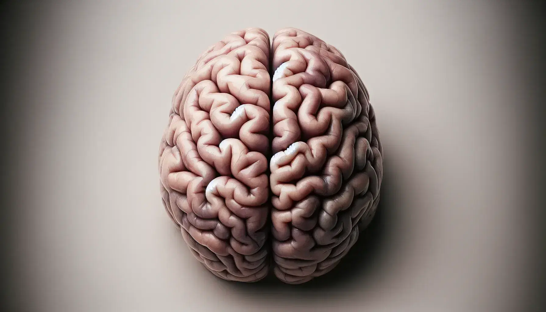Vista dall'alto di un cervello umano reale con emisferi cerebrali, solco longitudinale, tronco encefalico e cervelletto su sfondo neutro.