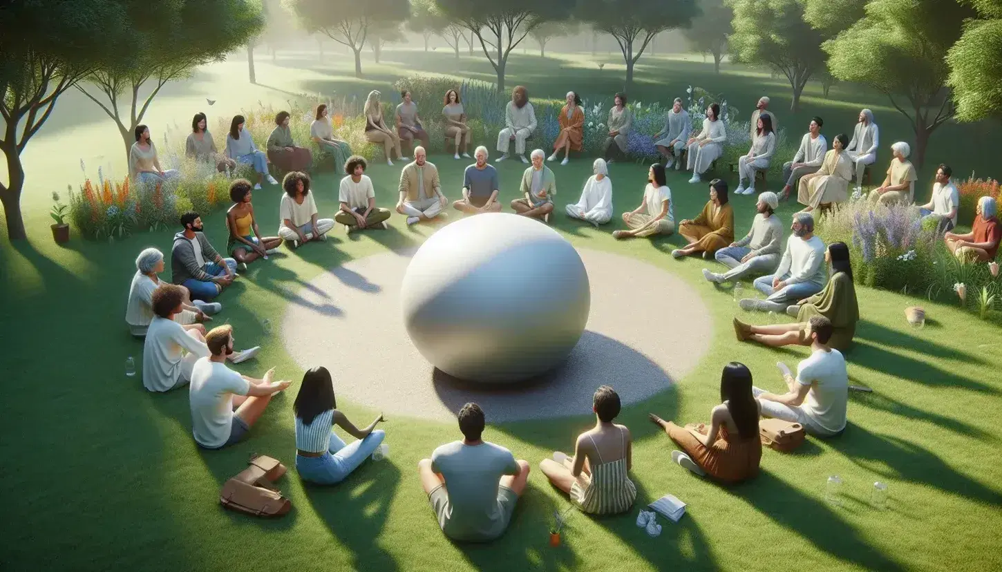 Grupo diverso de personas sentadas en círculo alrededor de una esfera de piedra en un parque, reflejando conexión humana y contemplación en un entorno natural.