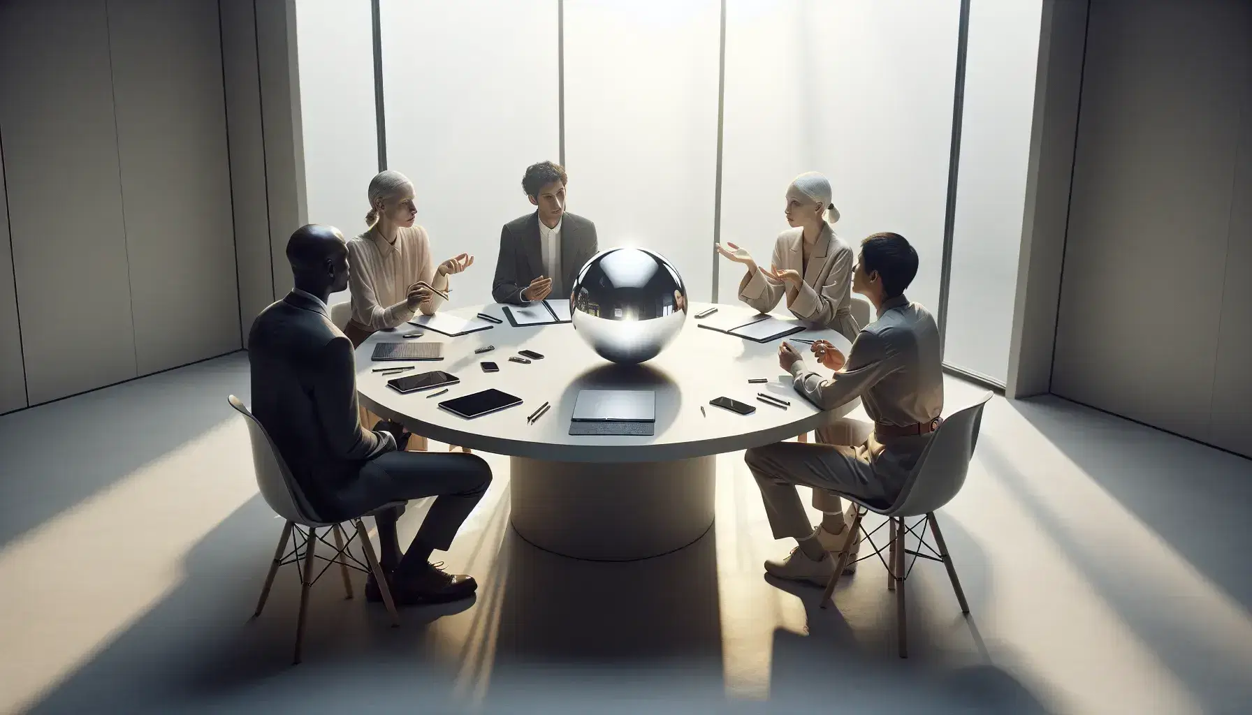 Grupo de cinco profesionales en reunión de trabajo alrededor de una mesa redonda con dispositivos electrónicos y una esfera de vidrio central reflejando luz natural.