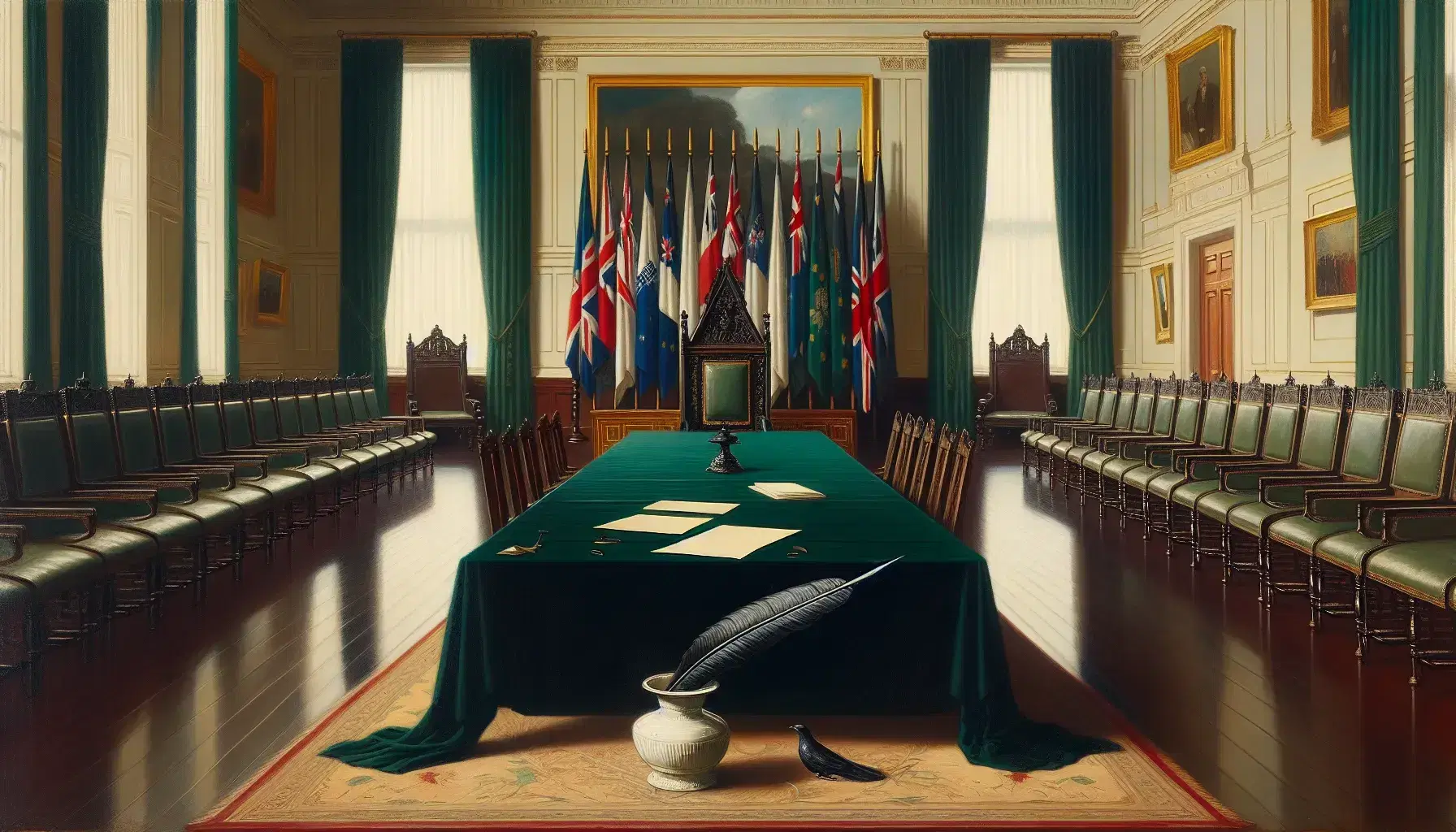 Sala solemne con mesa central cubierta por mantel verde, pluma negra, tintero de porcelana y papeles, rodeada de sillas con tapizado rojo y banderas monocromáticas en fondo iluminado.