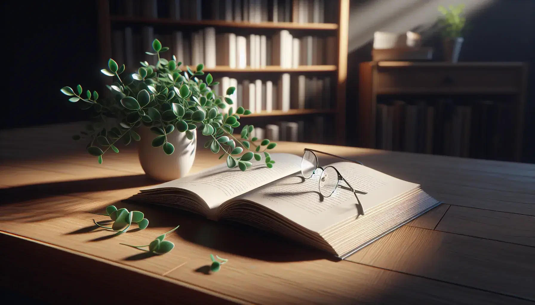 Libro abierto con páginas en blanco y gafas con montura negra sobre una mesa de madera, junto a una planta verde en maceta blanca, con estantería desenfocada al fondo.