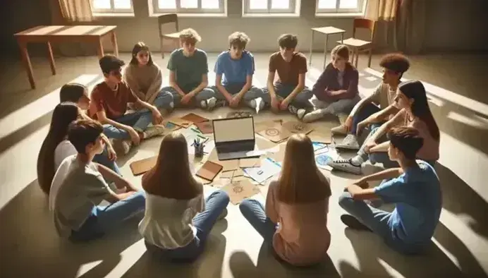 Gruppo di adolescenti seduti in cerchio in aula con laptop aperto al centro, discutono attivamente in un ambiente illuminato dalla luce naturale.