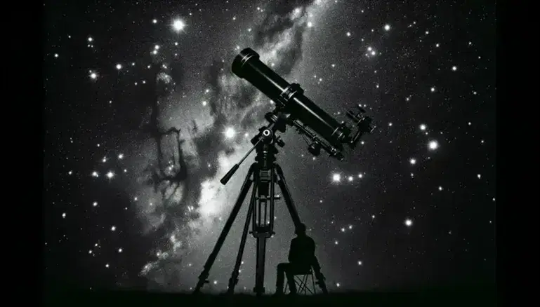 Cielo notturno stellato con costellazione centrale, telescopio astronomico su treppiede e figura umana in contemplazione.