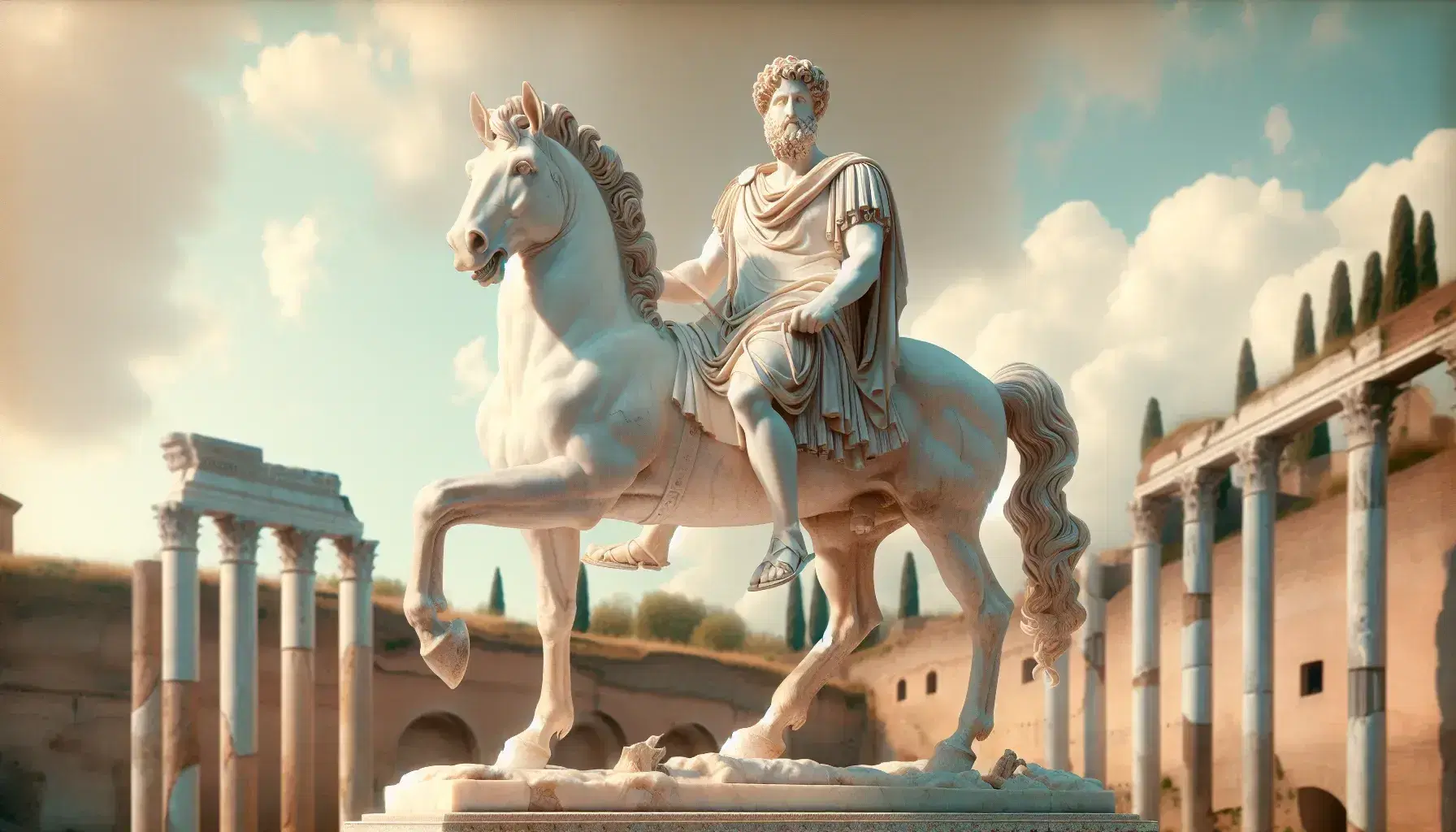 Statua in marmo bianco di uomo barbuto in armatura romana a cavallo, con sfondo di rovine antiche e cielo azzurro.