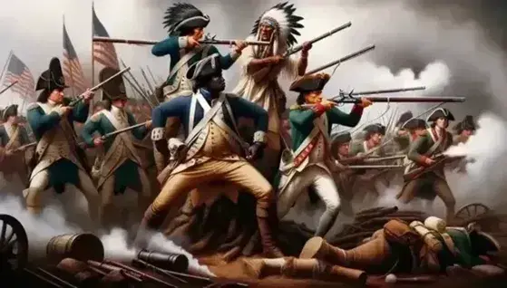 American Revolutionary War battle scene with Continental soldiers, a native warrior, and Spanish allies near a cannon.