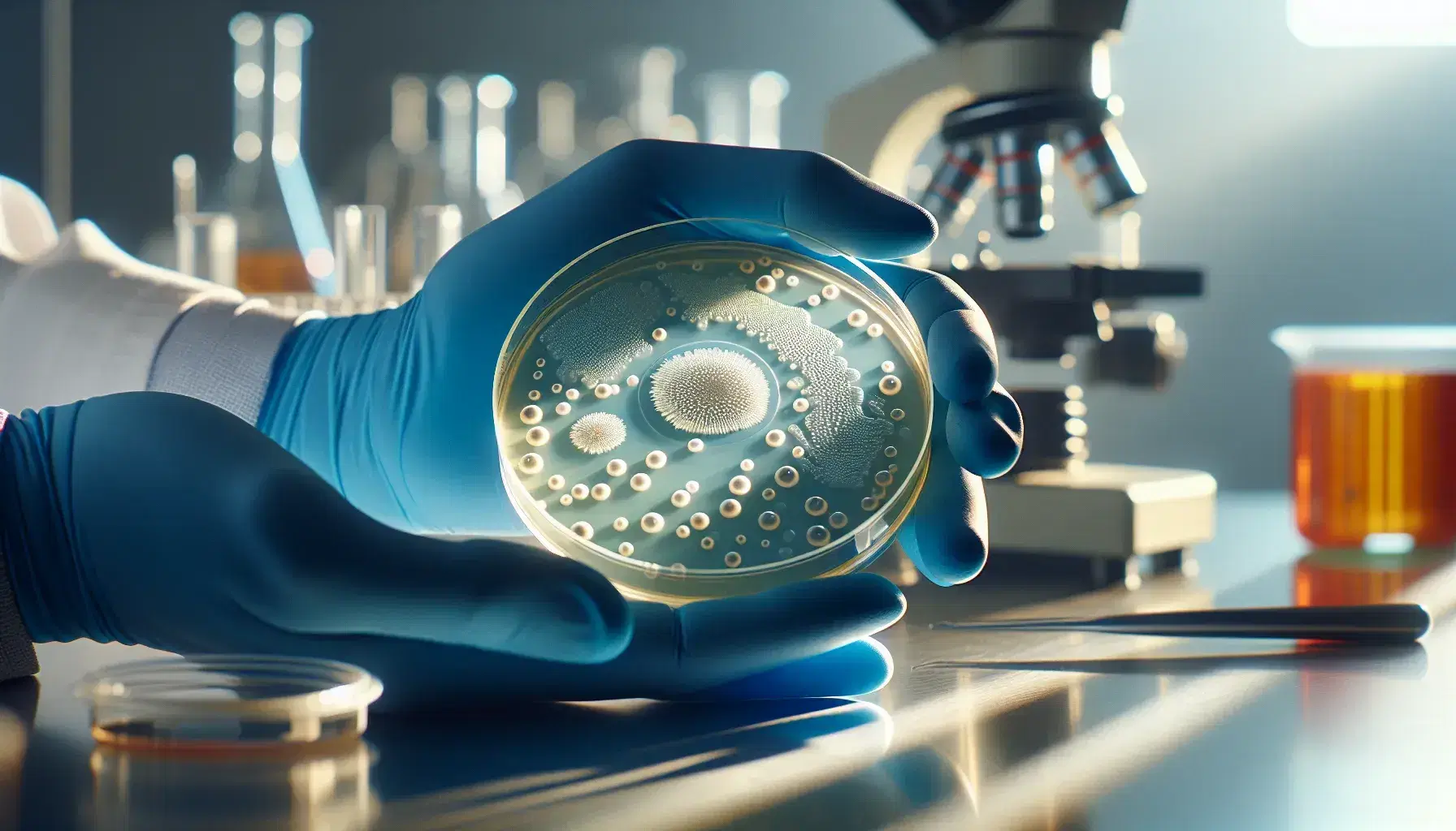 Close-up view of blue-gloved hands holding a petri dish with colorful bacterial colonies on agar in a blurred laboratory setting.