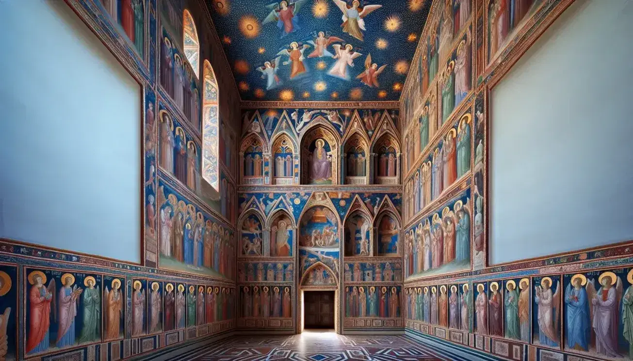 Interno della Cappella degli Scrovegni con affreschi vivaci, volta azzurra stellata e archi decorati, senza persone o elementi moderni.