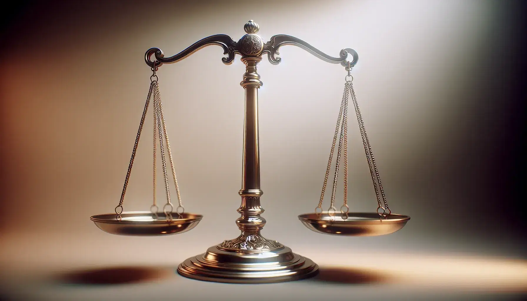 Balanza de la justicia clásica equilibrada, de metal brillante sobre fondo neutro, simbolizando equidad y derecho.