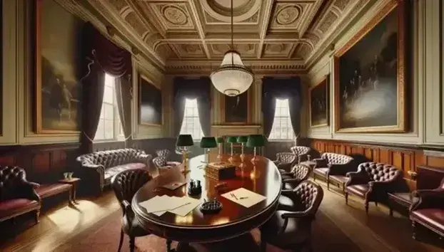 Sala storica con tavolo ovale in legno, sedie in pelle bordeaux, quadri incorniciati, lampadario di cristallo e vista su giardino.