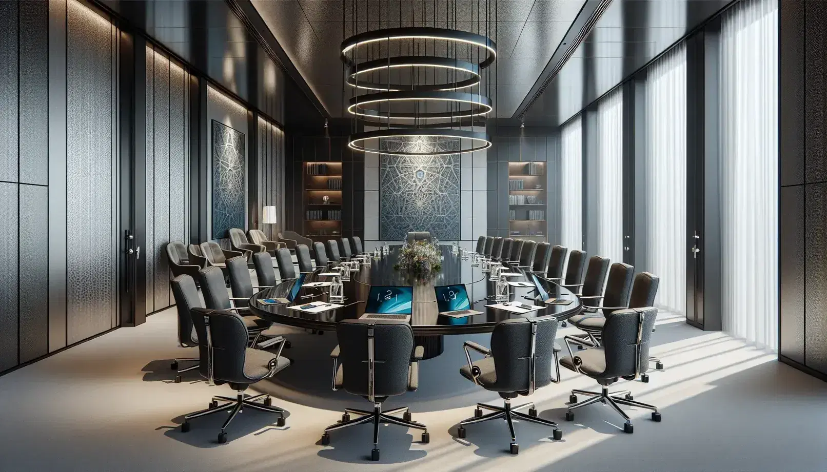 Sala riunioni moderna con tavolo ovale in legno, sedie ergonomiche nere, laptop e quadri astratti, illuminata da luce naturale.