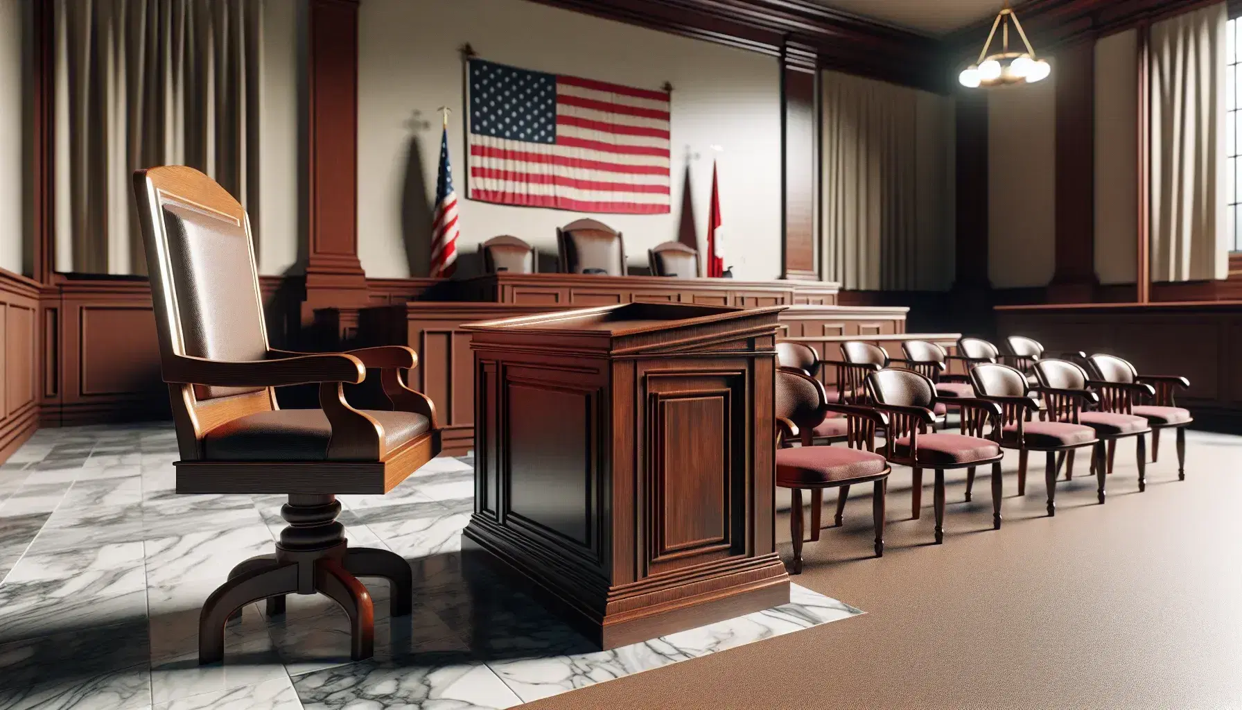 Classic American courtroom with an empty judge's bench, witness stand, jury chairs with red cushions, and an American flag in the background.