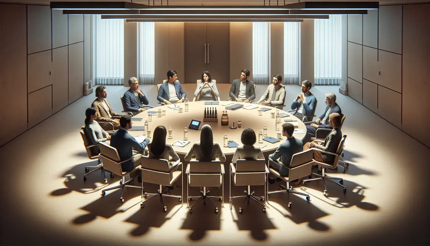 Diverse group of eight people engaged in a discussion around a round table with water bottles, pens, and a voice recorder in a neutral-toned room.