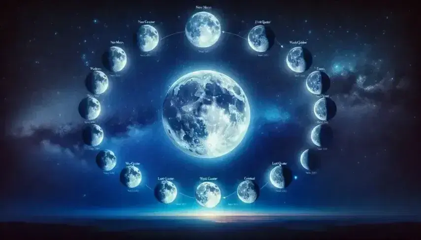 Cielo notturno stellato con fasi lunari in sequenza e Luna piena centrale su paesaggio con silhouette di alberi.