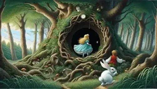 Ragazza bionda in abito blu esplora entrata segreta albero in foresta incantata con coniglio bianco e orologio.