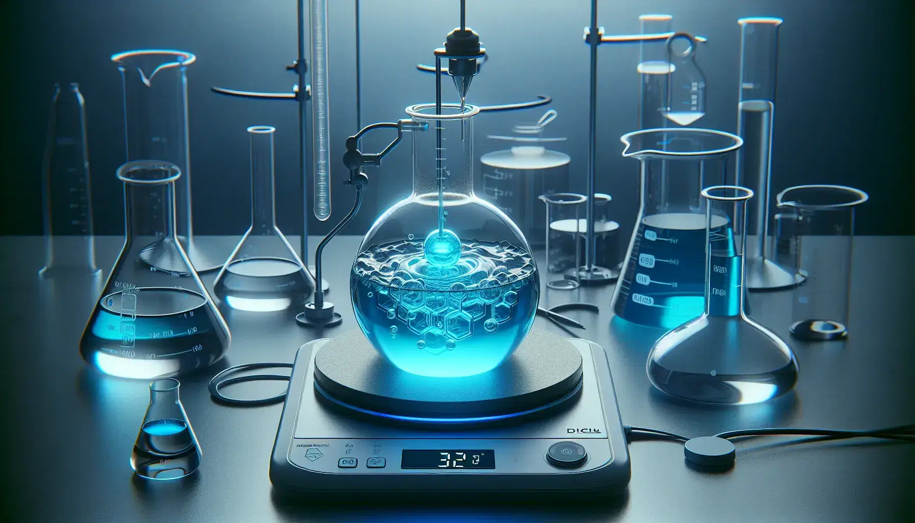 Laboratory with round flask on hot plate and magnetic stirrer, moving blue liquid, inserted thermometer, empty beaker and graduated cylinder on bench.