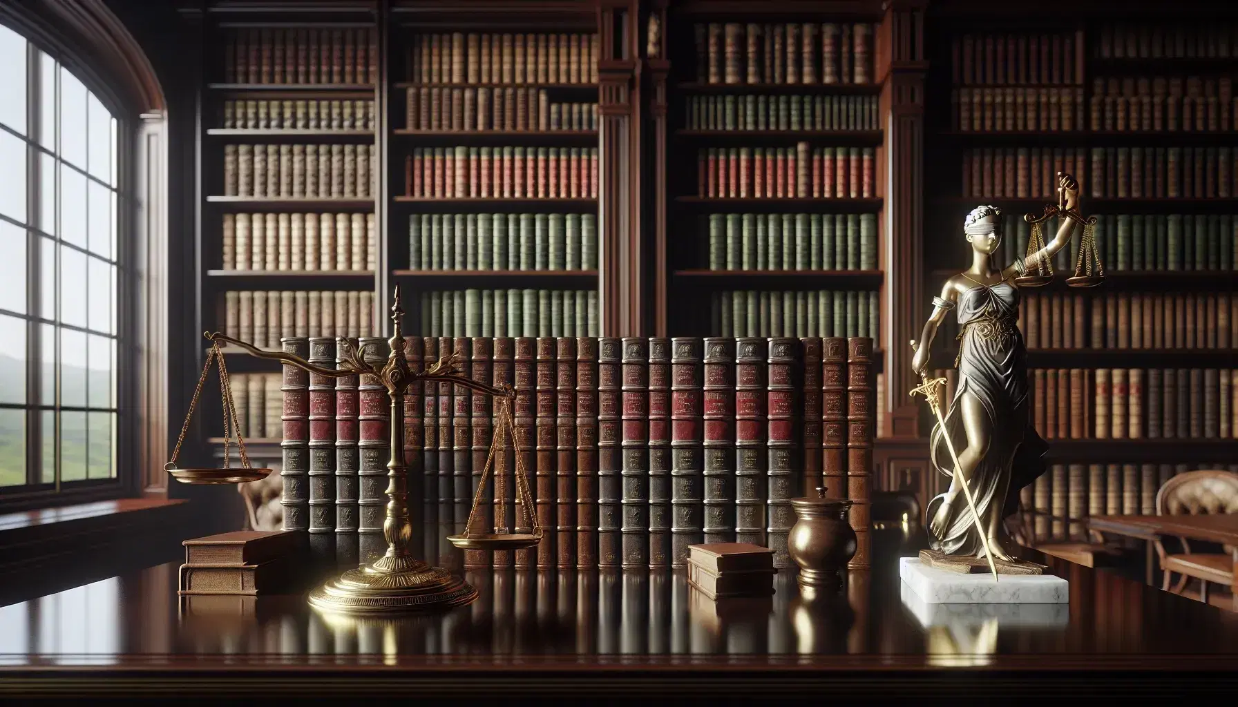 Biblioteca clásica con estanterías de madera oscura llenas de libros encuadernados en cuero, una balanza de bronce y escultura de mármol de la justicia bajo la luz natural de una ventana.