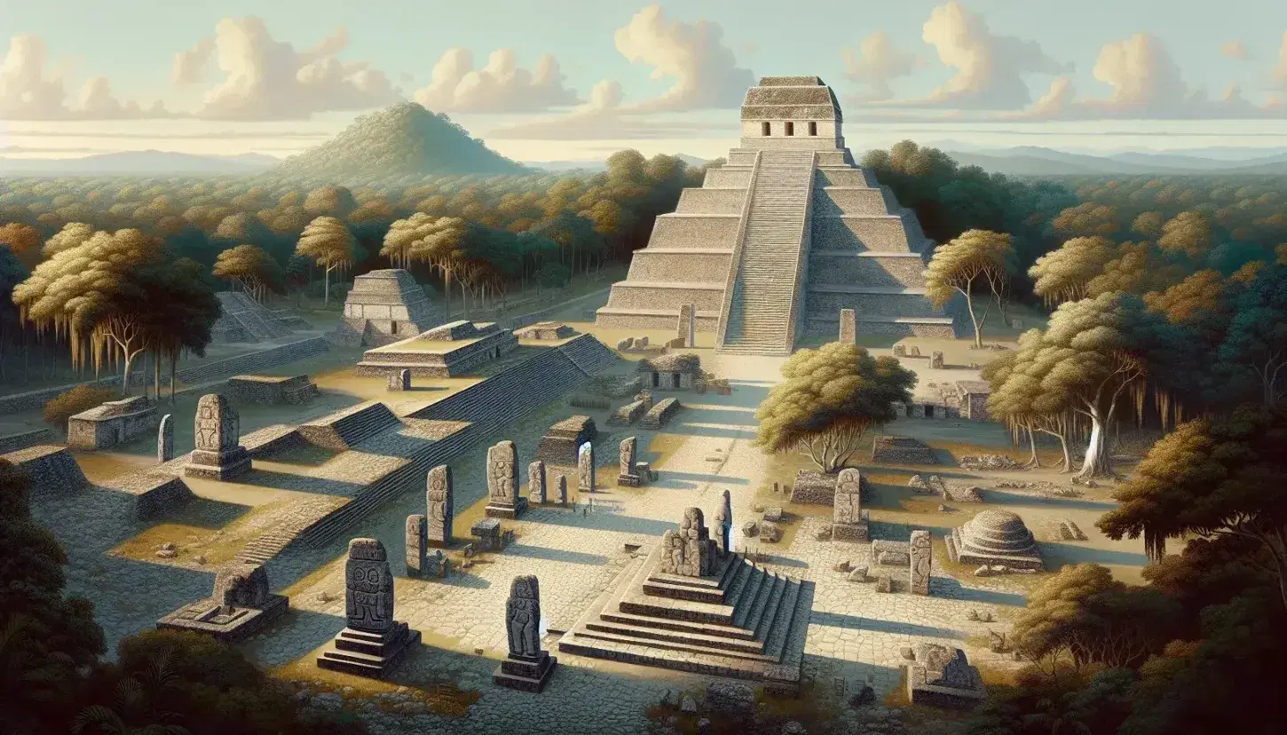 Vista panorámica de las antiguas ruinas mayas de Copán con escalinatas, estelas talladas y una pirámide escalonada rodeadas de exuberante vegetación bajo un cielo azul claro.