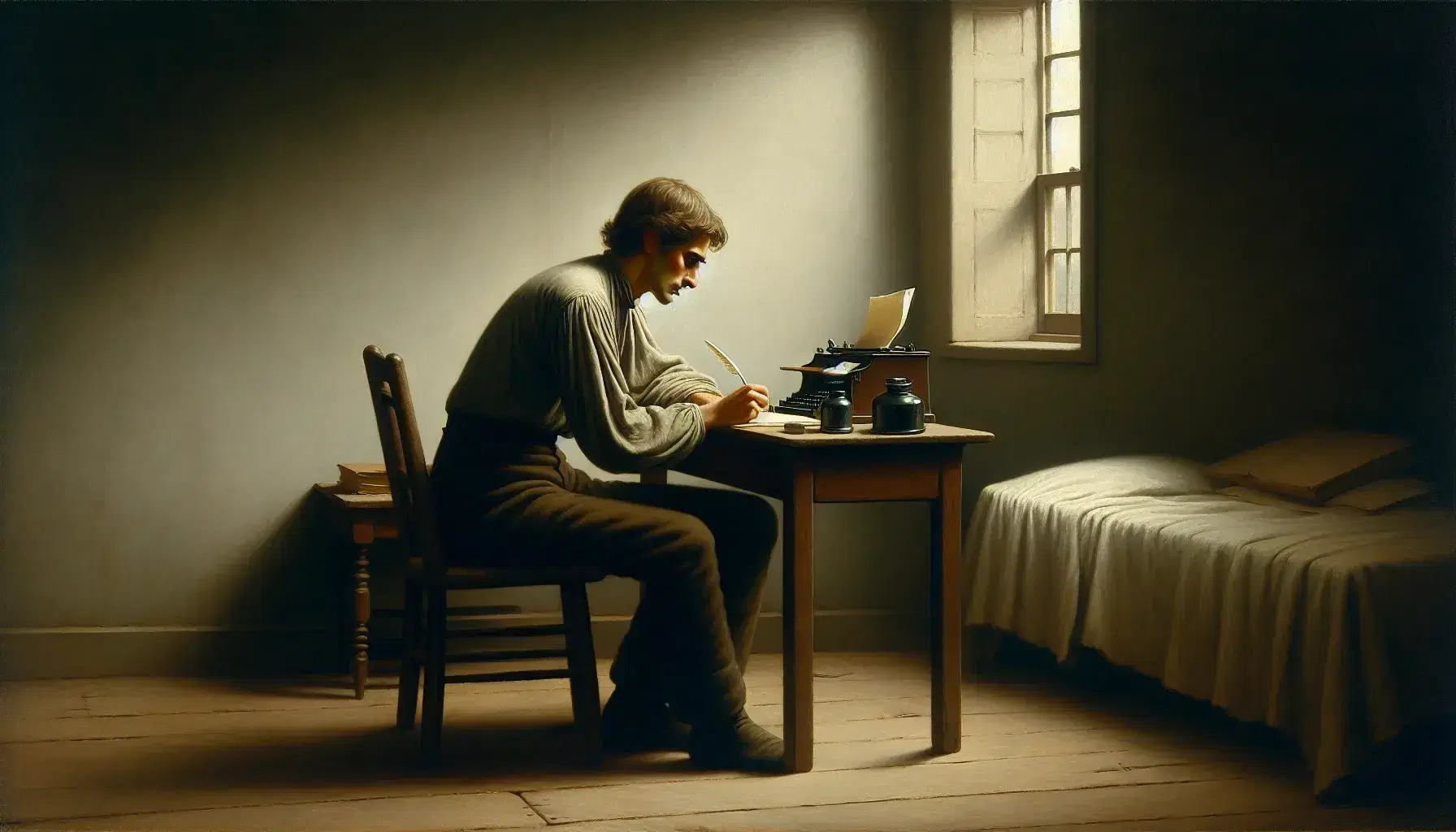 Man seated at a wooden desk, contemplating a blank book with an inkwell and quill, in a minimalist room with a bed and closed window shutters.