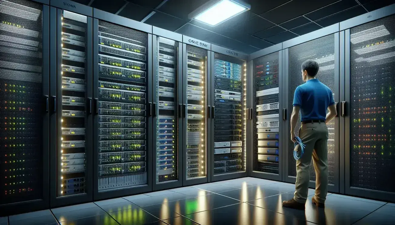 Network engineer checks equipment in server room with black rack cabinets, LED lights and technical floor for cable management.