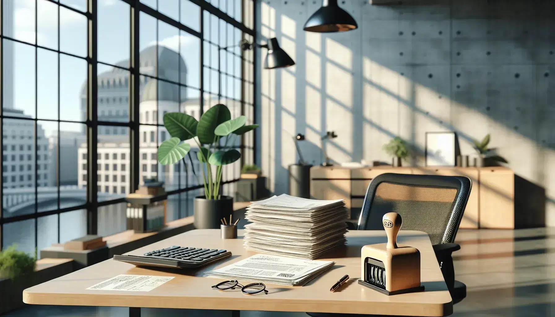 Oficina gubernamental moderna con mesa de madera, calculadora, recibos apilados y sello, silla ergonómica y planta interior, iluminación natural y artificial.