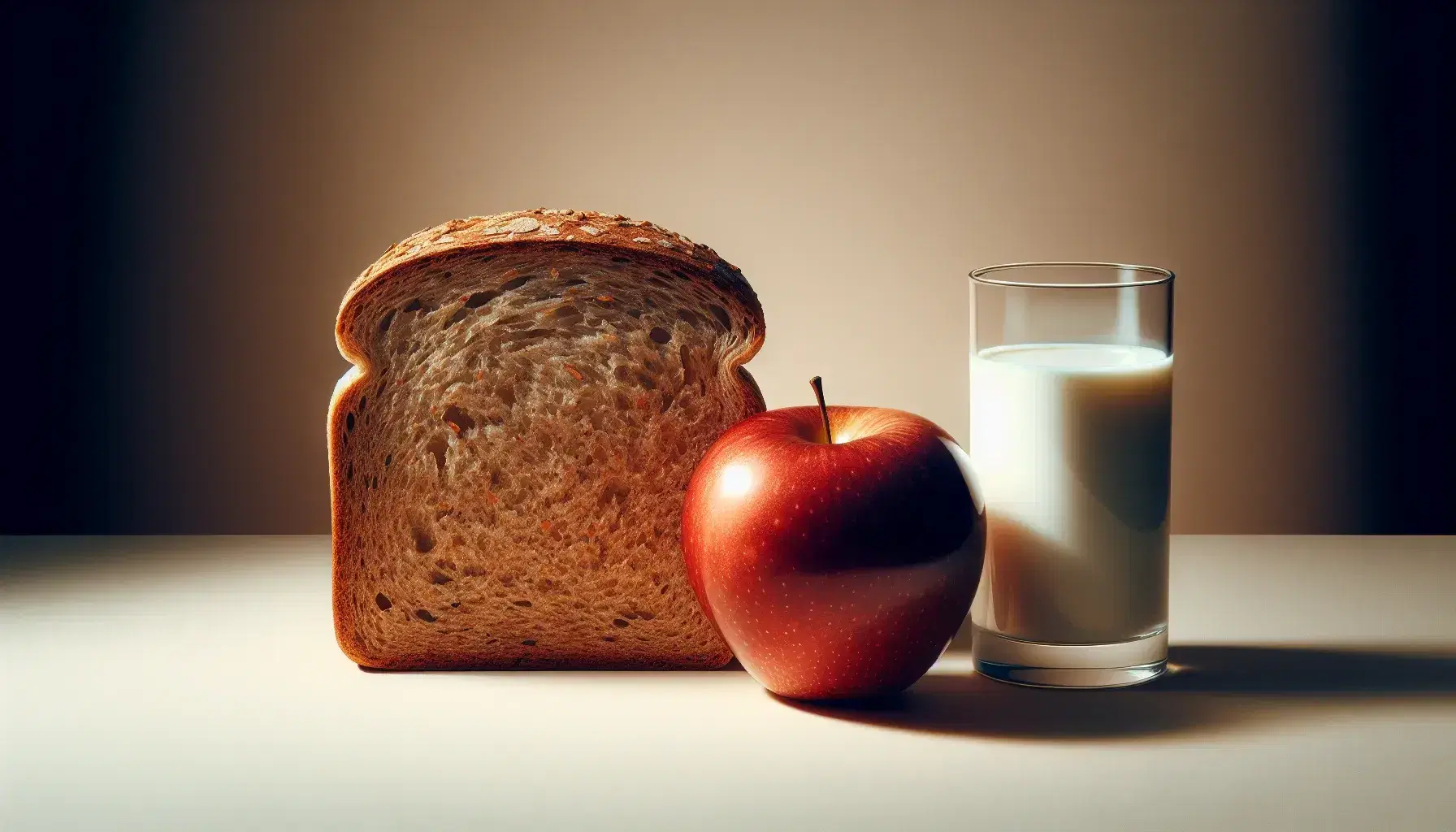 Fetta di pane integrale, mela rossa lucida e bicchiere di latte su sfondo neutro, composizione equilibrata per una colazione salutare.