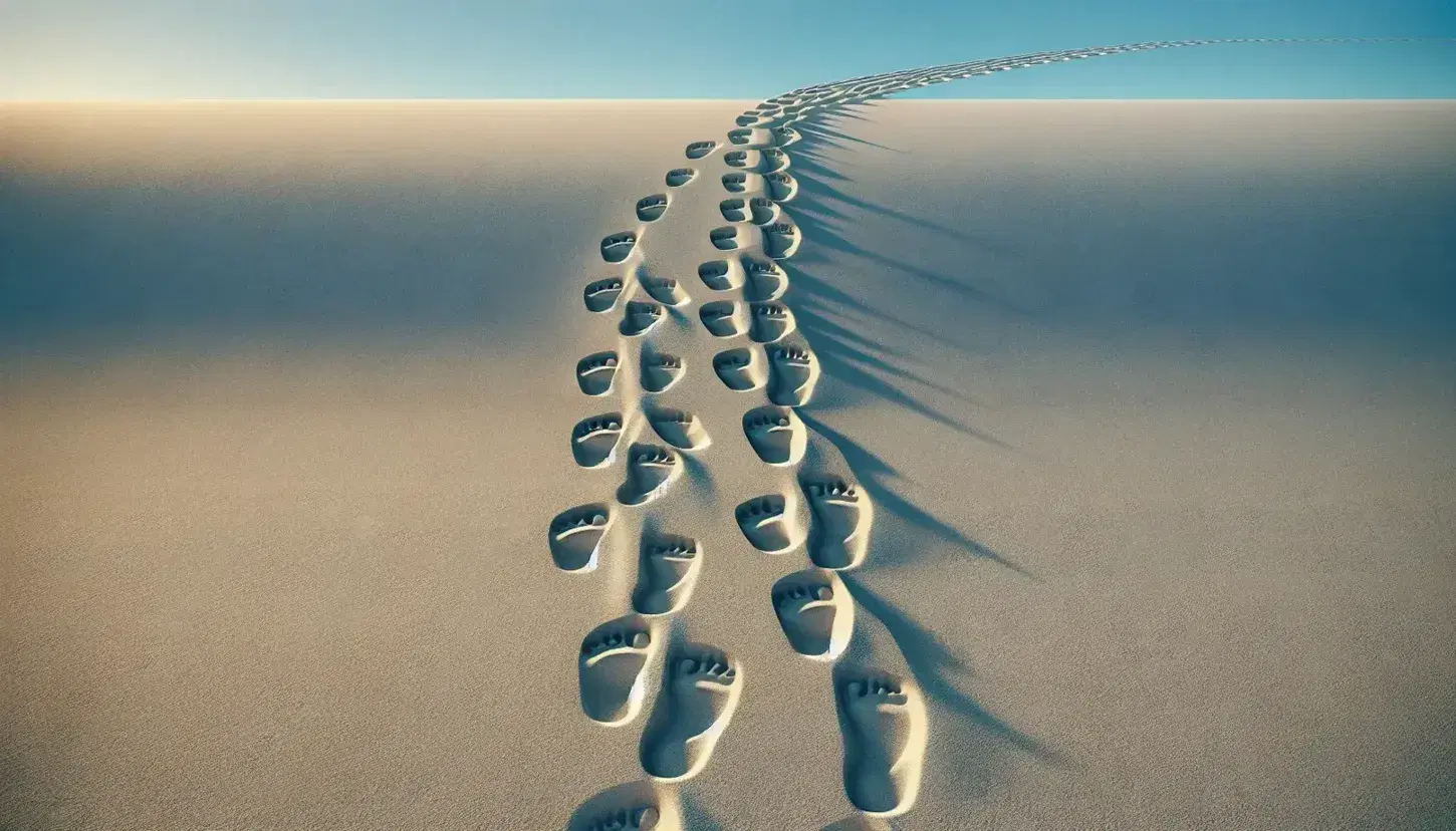 Footprints with a parallel line in sand stretch from bottom left to upper right under a gradient blue sky, suggesting a beach walk at dawn or dusk.