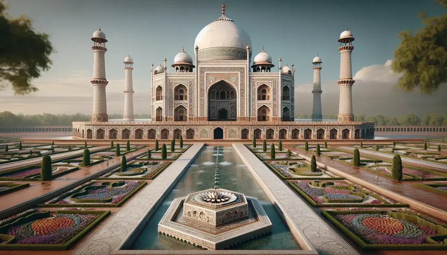 Majestic Mughal mausoleum with central and corner domes, inlaid with semi-precious stones, set in a symmetrical garden with reflecting water channels.