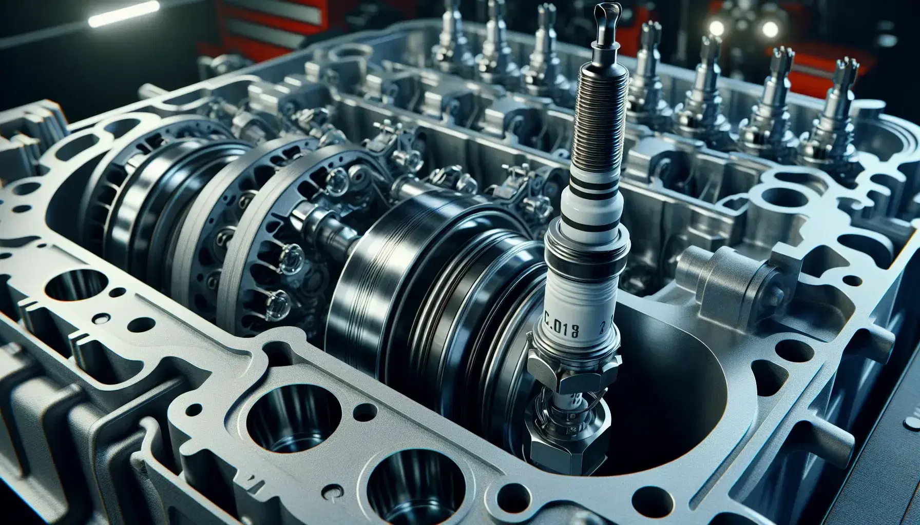 Pistón metálico en cilindro de motor de combustión interna con válvulas cerradas y bujía conectada, destacando texturas y componentes metálicos.