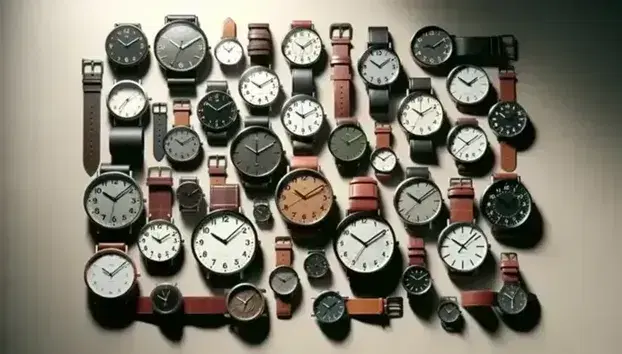 Orologi analogici vari disposti casualmente su sfondo chiaro, con cinturini in pelle e metallo e quadranti colorati senza numeri.