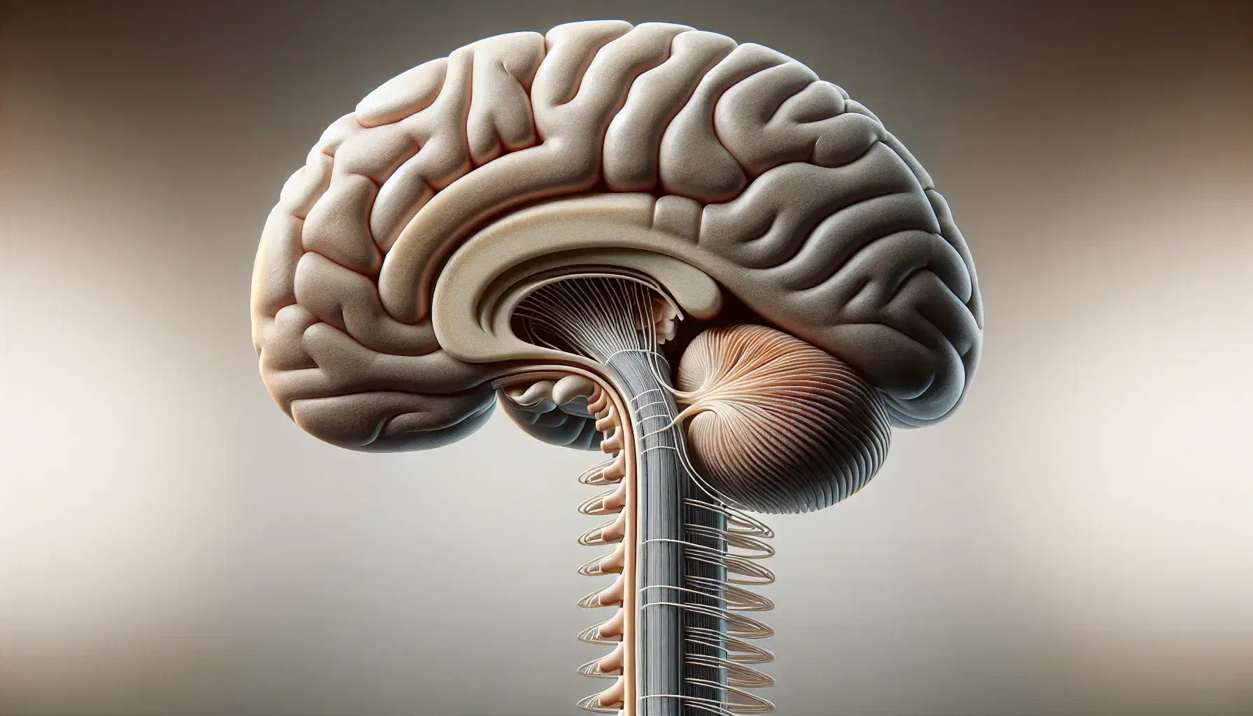 Vista lateral del cerebro humano con surcos profundos y textura lisa, conectado al cordón espinal y rodeado por doce pares de nervios craneales.