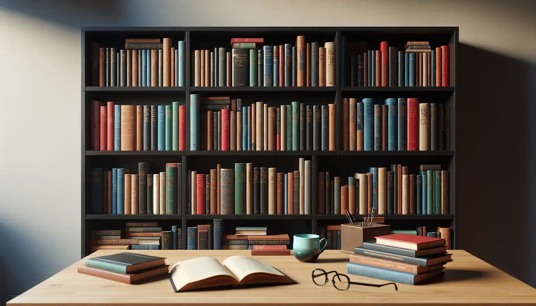 Estantería de madera oscura con libros de colores variados, mesa con libro abierto, gafas y taza de café bajo luz natural.