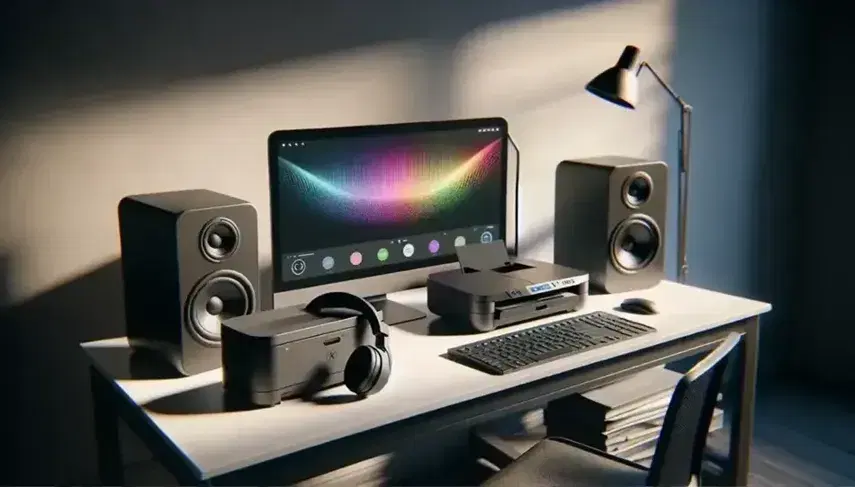 Escritorio de trabajo iluminado con impresora de inyección de tinta negra, monitor con colores vivos, auriculares sobre soporte transparente y altavoces estéreo.