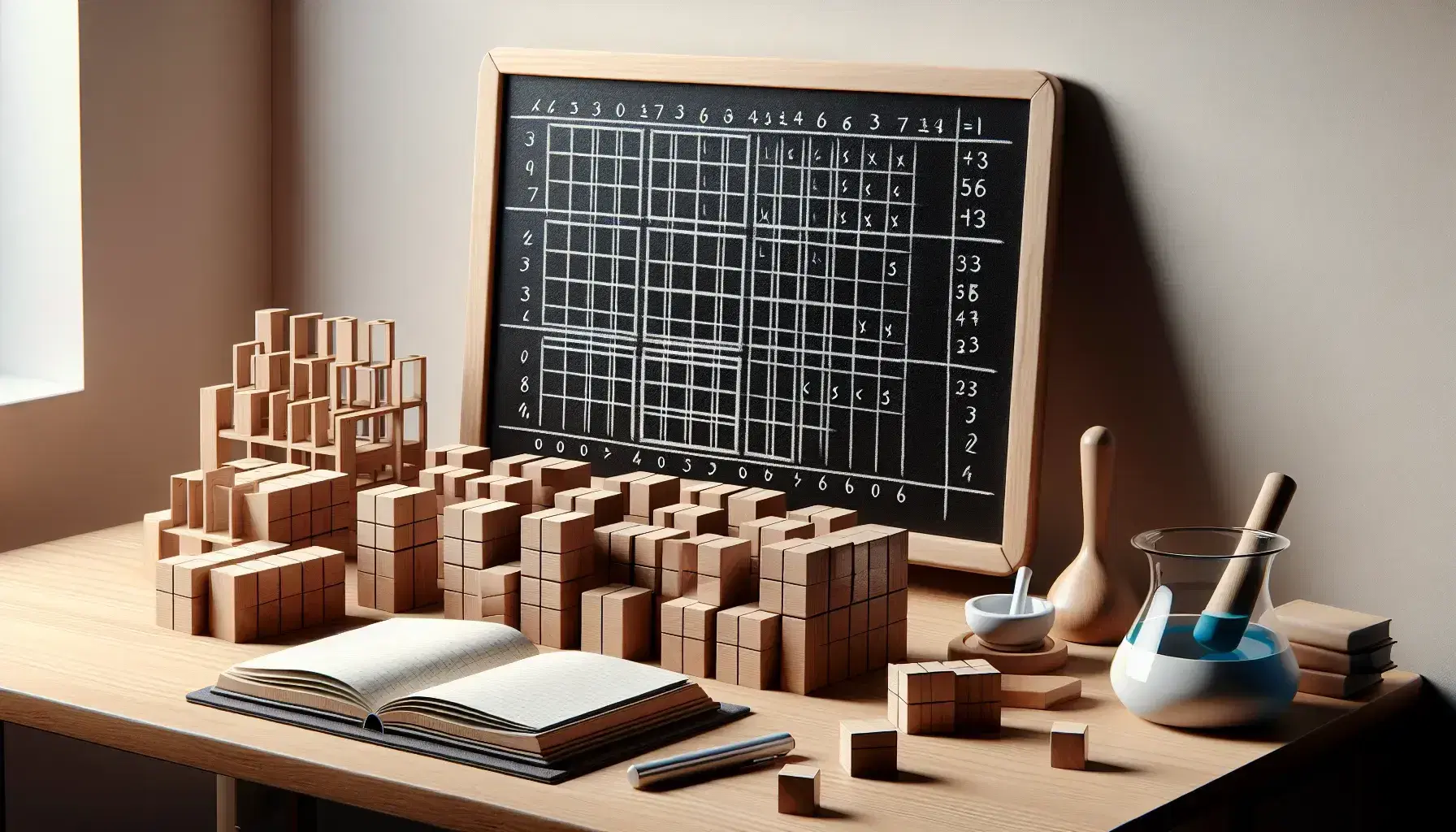 Neatly organized desk with a blank grid on a blackboard, wooden blocks in various stacks, a half-filled beaker with blue liquid, and a mortar and pestle.