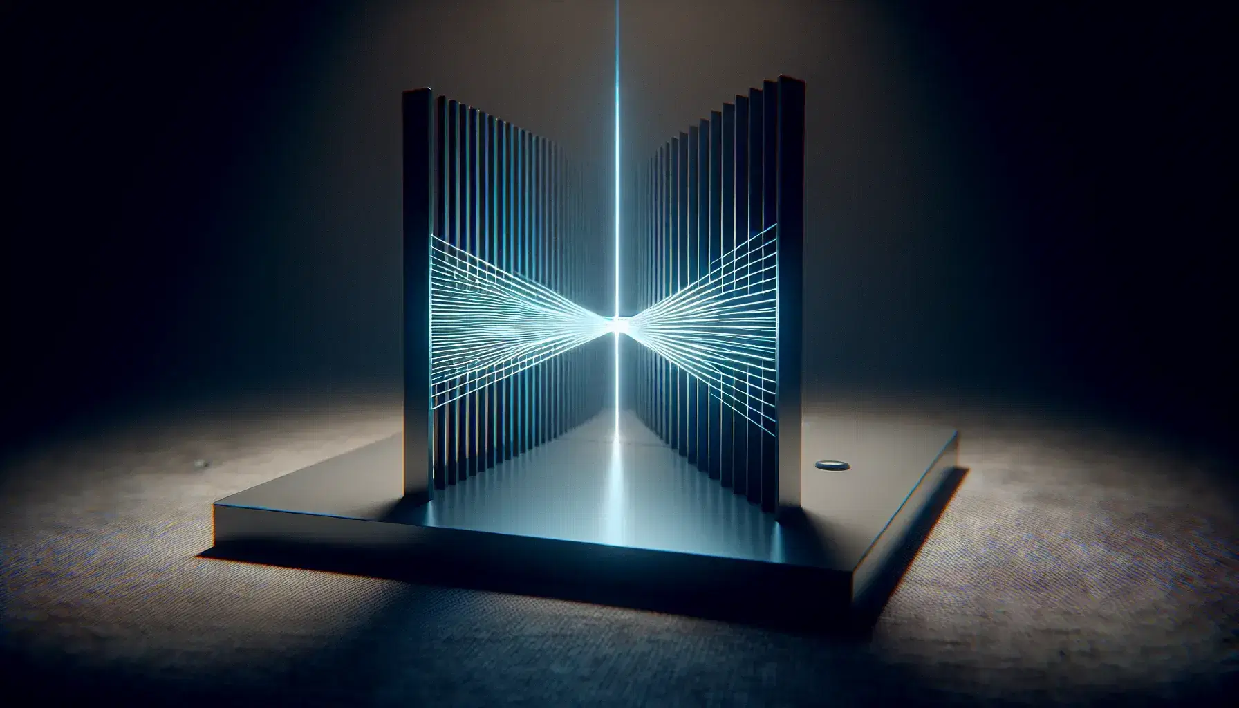 Double-slit experiment setup with a laser source, two slits on a panel, and a screen showing a light interference pattern.